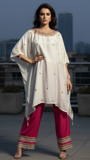 Kaftan suit with pants Thread and sequence embroidery Ivory with pink pant