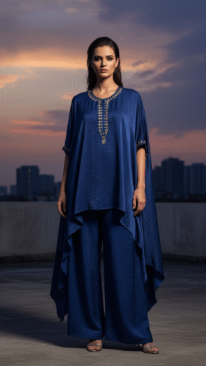 Kaftan with pants Stone with mirror embroidery Navy blue