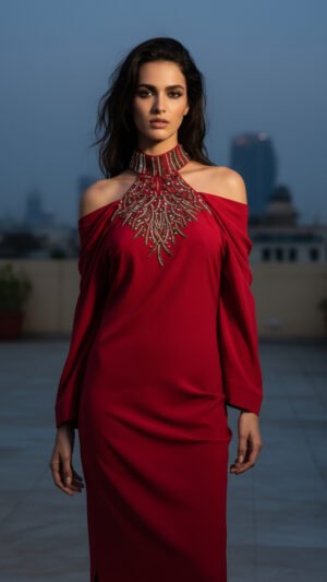 Imported lycra(minimum stretch) with metallic embroidery