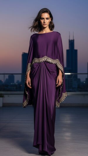 3 piece drape dress with inner Modale satin with embroidery