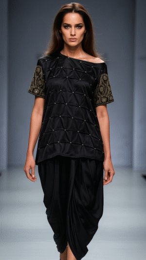 Black Embellished Short Kurti with Draped Dhoti Pants