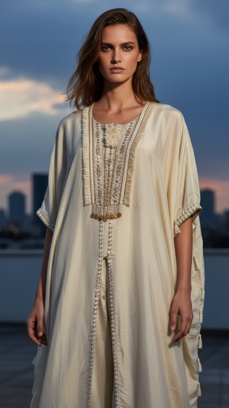 Ivory Mirror Embroidered Kaftan Suit