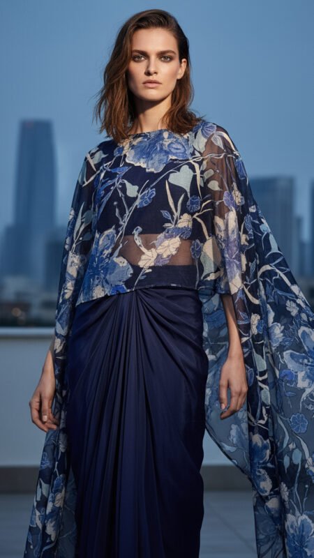 Navy Bloom Drape Kaftan Set
