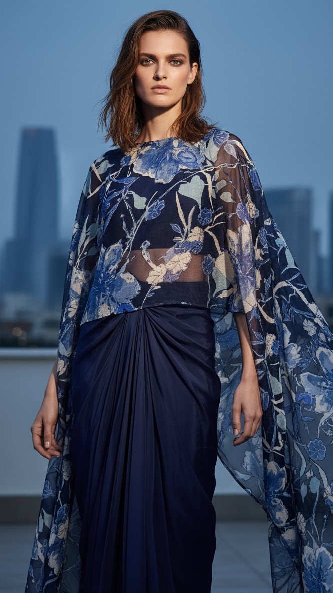 Navy Bloom Drape Kaftan Set