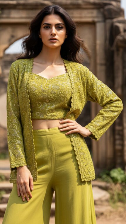 Pop Green Embroidered Indo-Western Set