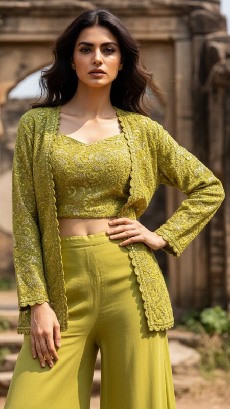 Pop Green Embroidered Indo-Western Set
