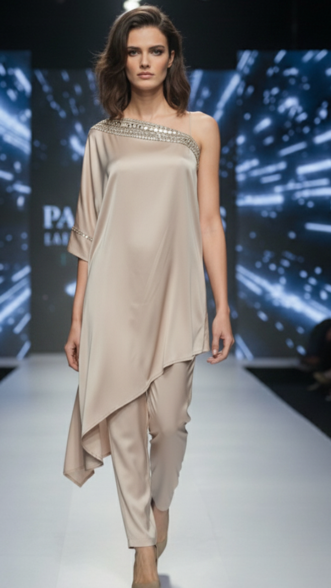 Satin Sequin Kaftan Co-ord Set - ivory