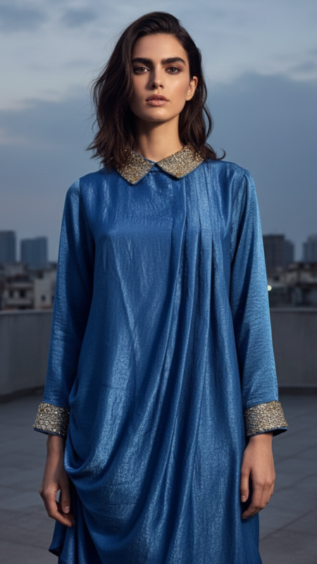 Sequin Collar Drape Indo-Western Dress blue